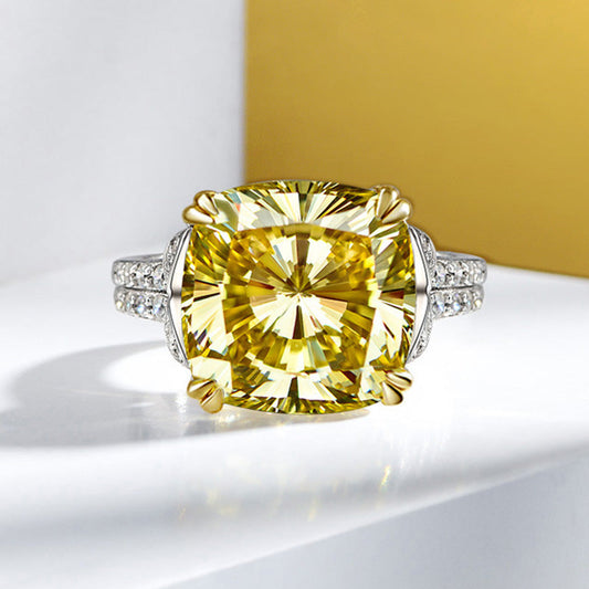 Stunning Cushion Cut Yellow Sapphire Engagement Ring In Sterling Silver-Maxinejewelry