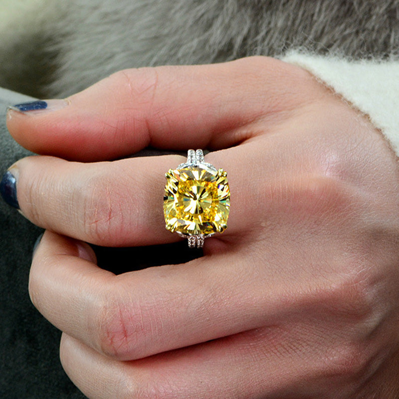 Stunning Cushion Cut Yellow Sapphire Engagement Ring In Sterling Silver-Maxinejewelry