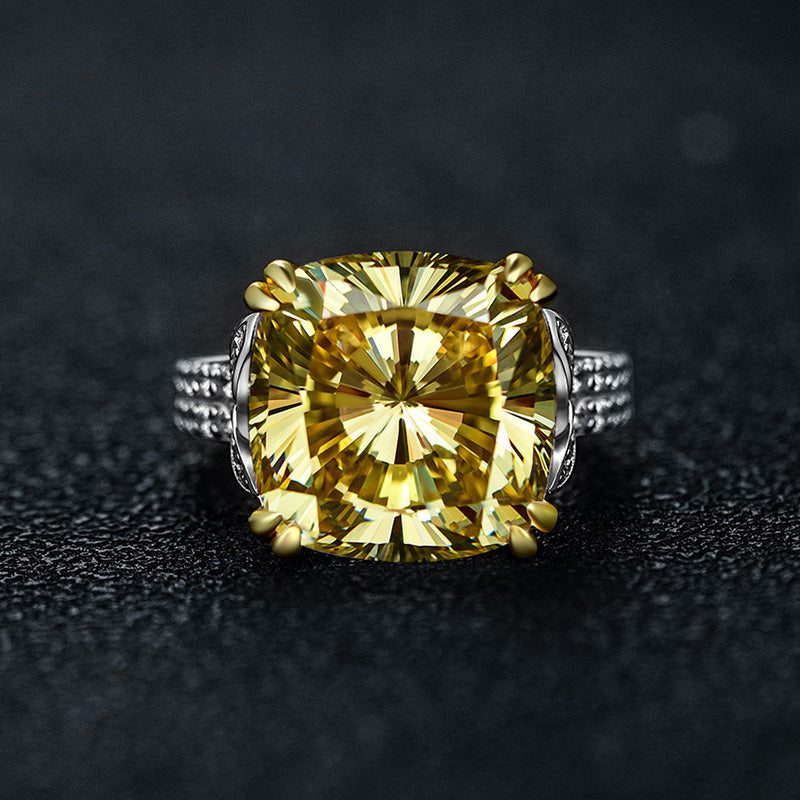 Stunning Cushion Cut Yellow Sapphire Engagement Ring In Sterling Silver-Maxinejewelry