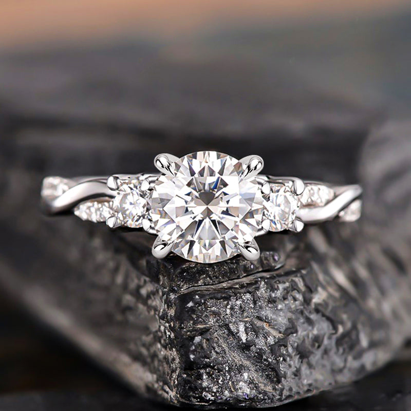 Twist Round Cut Three Stone Engagement Ring For Her-Maxinejewelry