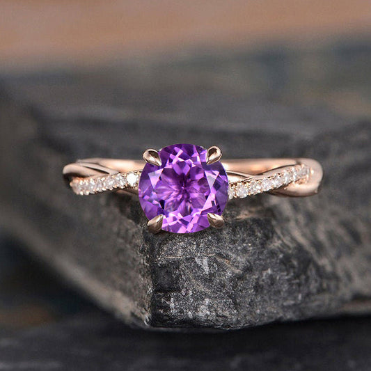 Rose Gold Twist Round Cut Amethyst Purple Promise Ring For Her-Maxinejewelry