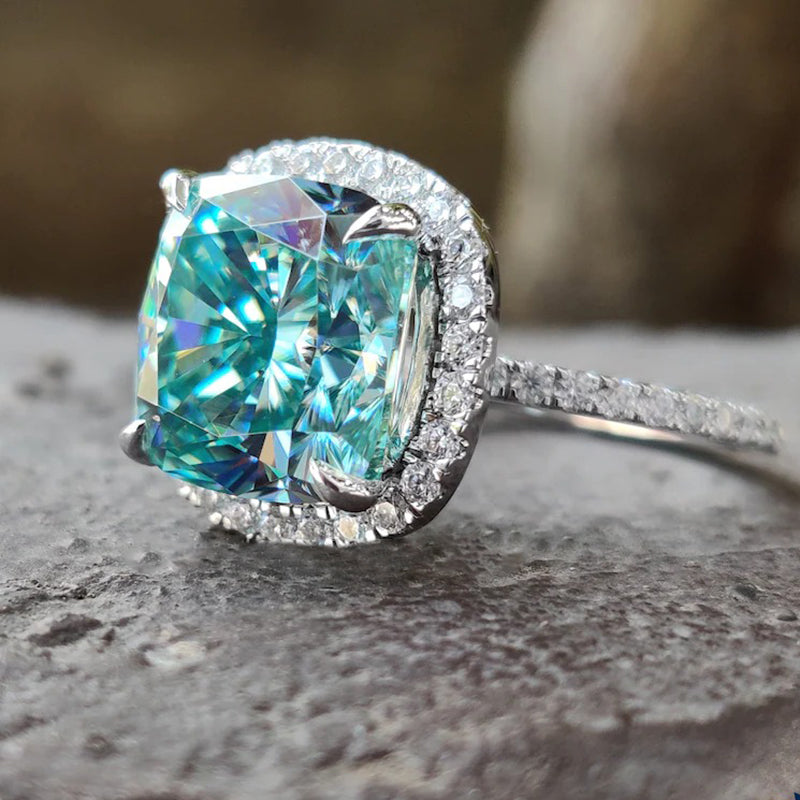 Exquisite Halo Cushion Cut Cyan Blue Engagement Ring In Sterling Silver-Maxinejewelry