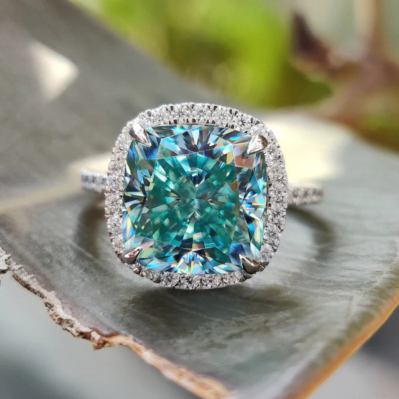 Exquisite Halo Cushion Cut Cyan Blue Engagement Ring In Sterling Silver-Maxinejewelry