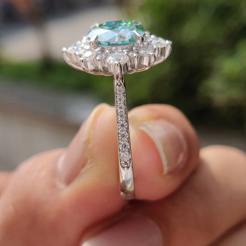 Snowflake Design Halo Round Cut Cyan Blue Moissanite Engagement Ring In Sterling Silver-Maxinejewelry