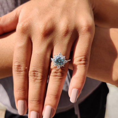 Snowflake Design Halo Round Cut Cyan Blue Moissanite Engagement Ring In Sterling Silver-Maxinejewelry