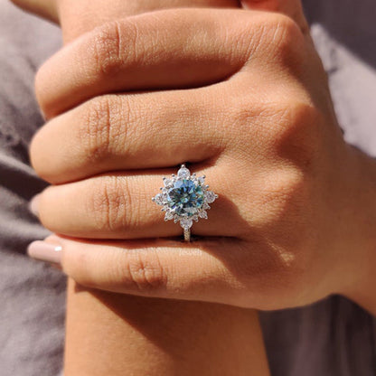 Snowflake Design Halo Round Cut Cyan Blue Moissanite Engagement Ring In Sterling Silver-Maxinejewelry