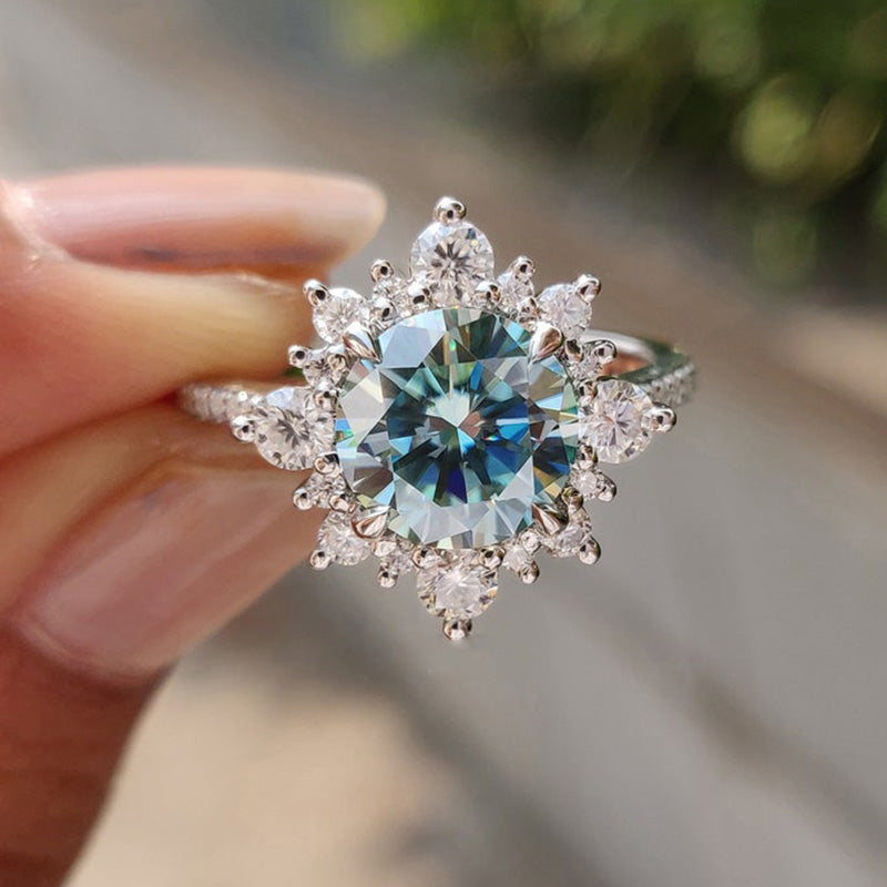 Snowflake Design Halo Round Cut Cyan Blue Moissanite Engagement Ring In Sterling Silver-Maxinejewelry