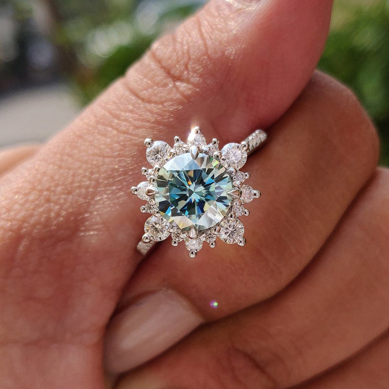 Snowflake Design Halo Round Cut Cyan Blue Moissanite Engagement Ring In Sterling Silver-Maxinejewelry