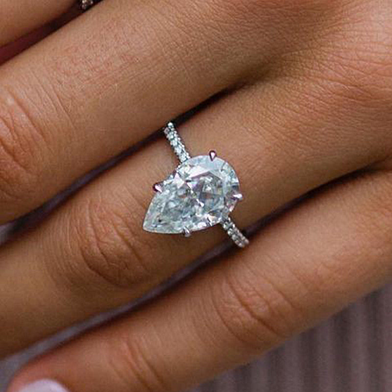 Elegant Pear Cut Sona Simulated Diamond Engagement Ring In Sterling Silver-Maxinejewelry