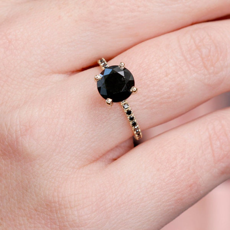 Exclusive Yellow Gold Round Cut Black Diamond Engagement Ring In Sterling Silver