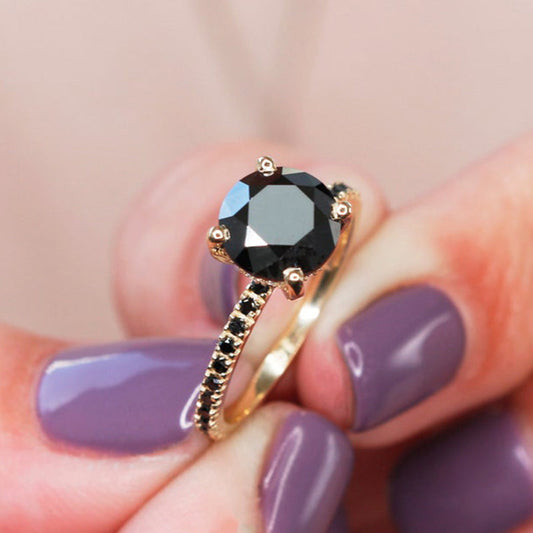 Exclusive Yellow Gold Round Cut Black Diamond Engagement Ring In Sterling Silver-Maxinejewelry