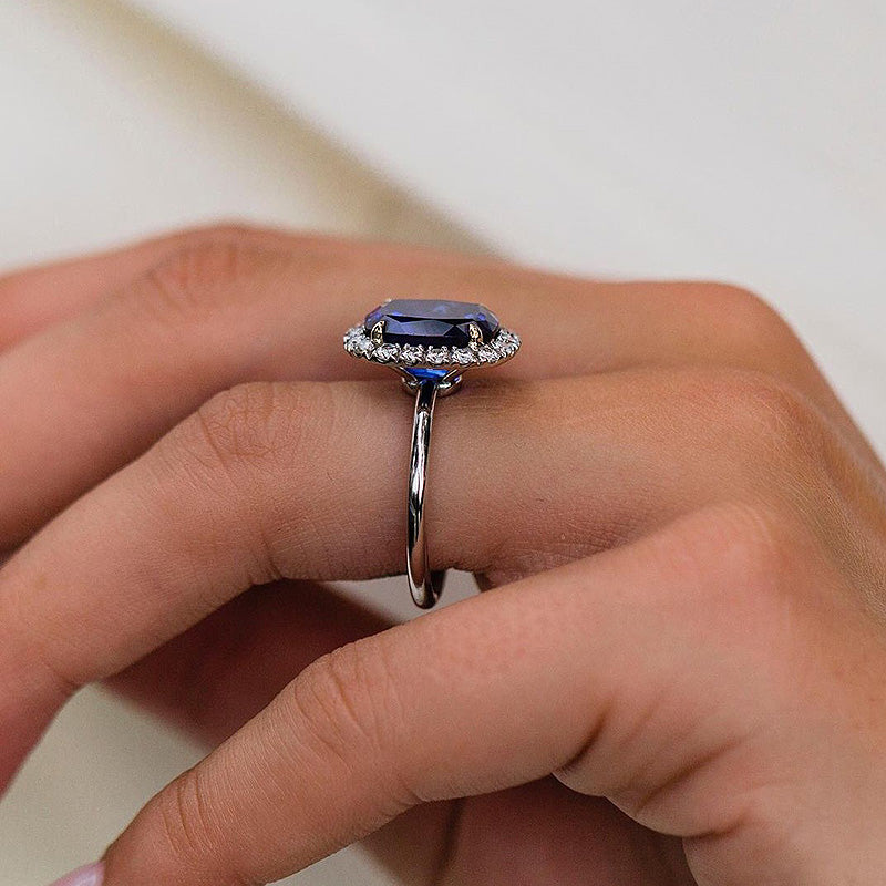 Luxurious Halo Cushion Cut Blue Sapphire Engagement Ring For Women In Sterling Silver-Maxinejewelry