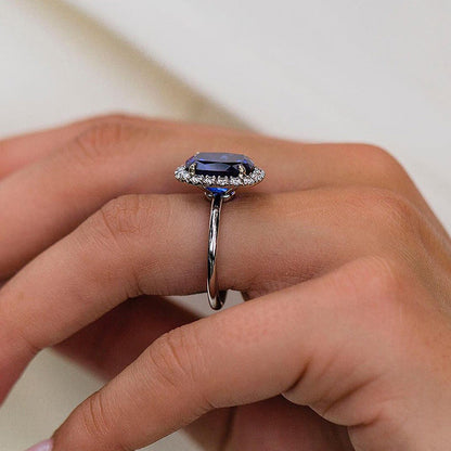 Luxurious Halo Cushion Cut Blue Sapphire Engagement Ring For Women In Sterling Silver-Maxinejewelry