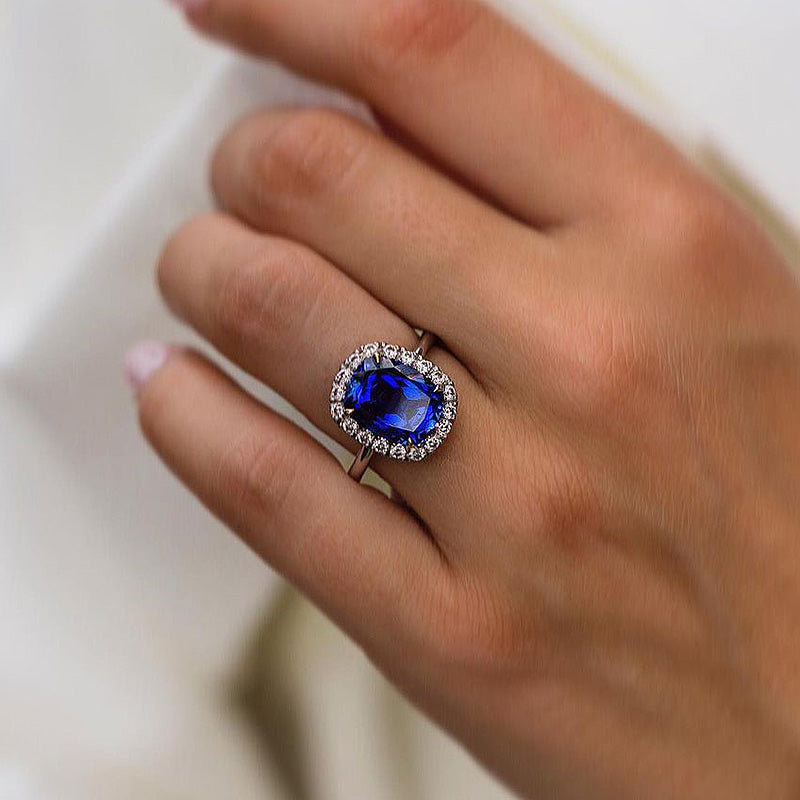 Luxurious Halo Cushion Cut Blue Sapphire Engagement Ring For Women In Sterling Silver-Maxinejewelry