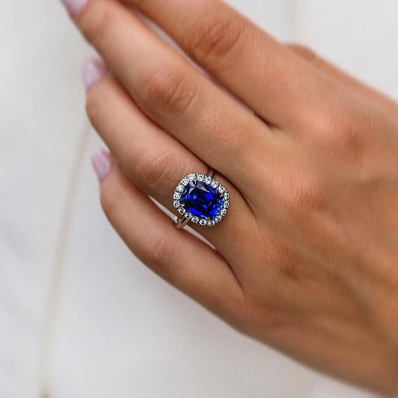 Luxurious Halo Cushion Cut Blue Sapphire Engagement Ring For Women In Sterling Silver-Maxinejewelry