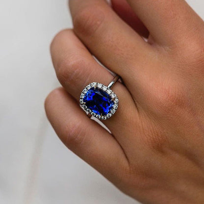 Luxurious Halo Cushion Cut Blue Sapphire Engagement Ring For Women In Sterling Silver-Maxinejewelry