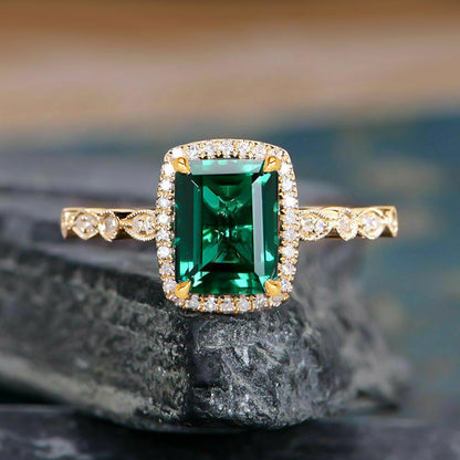 Vintage Halo Emerald Cut Engagement Ring In Sterling Silver-Maxinejewelry