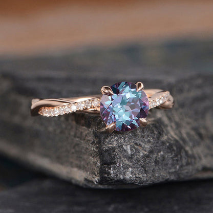 Rose Gold Twist Round Cut Alexandrite Engagement Ring For Her In Sterling Silver-Maxinejewelry