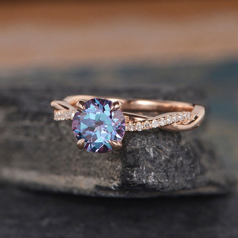 Rose Gold Twist Round Cut Alexandrite Engagement Ring For Her In Sterling Silver-Maxinejewelry