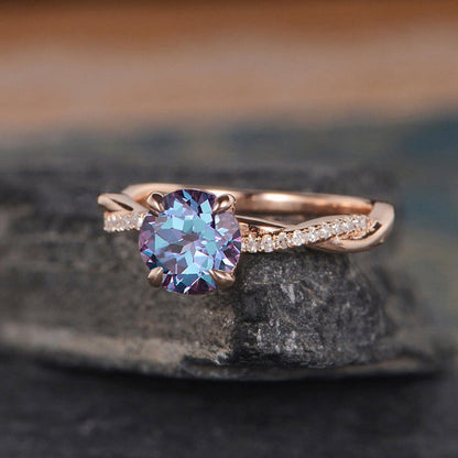 Rose Gold Twist Round Cut Alexandrite Engagement Ring For Her In Sterling Silver-Maxinejewelry