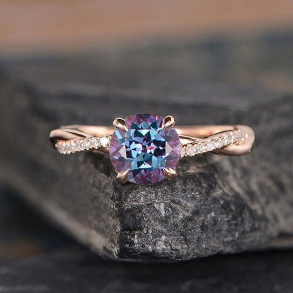 Rose Gold Twist Round Cut Alexandrite Engagement Ring For Her In Sterling Silver-Maxinejewelry