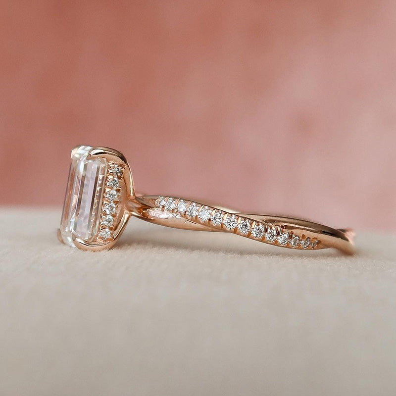 Twist Rose Gold Emerald Cut Women's Engagement Ring In Sterling Silver