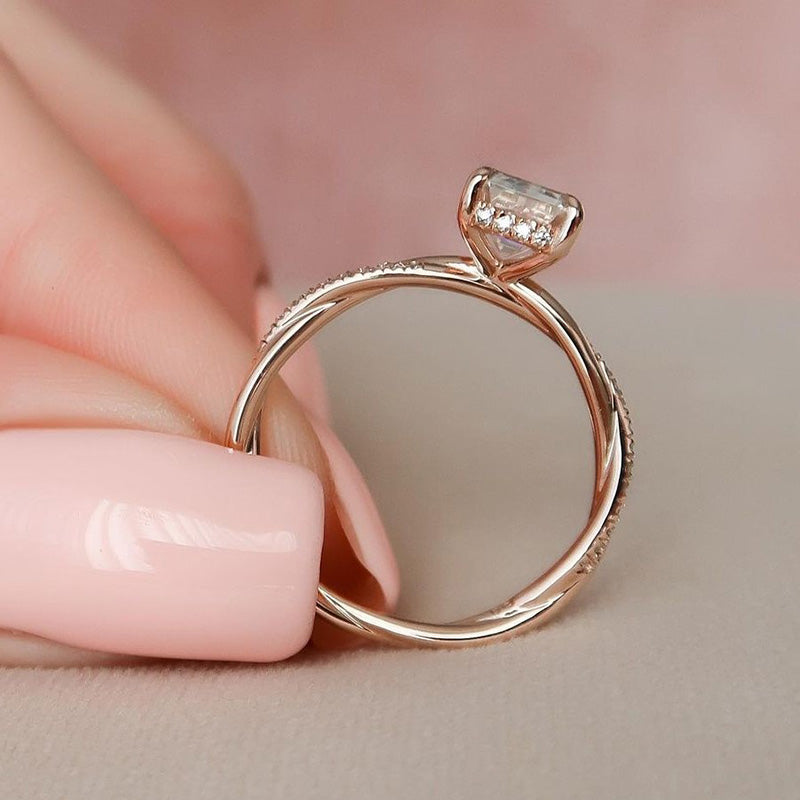 Twist Rose Gold Emerald Cut Women's Engagement Ring In Sterling Silver