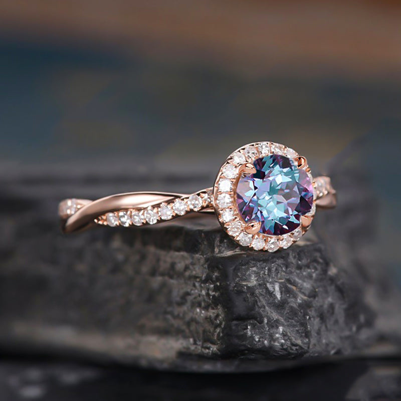 Twist Rose Gold Halo Round Cut Alexandrite Engagement Ring In Sterling Silver