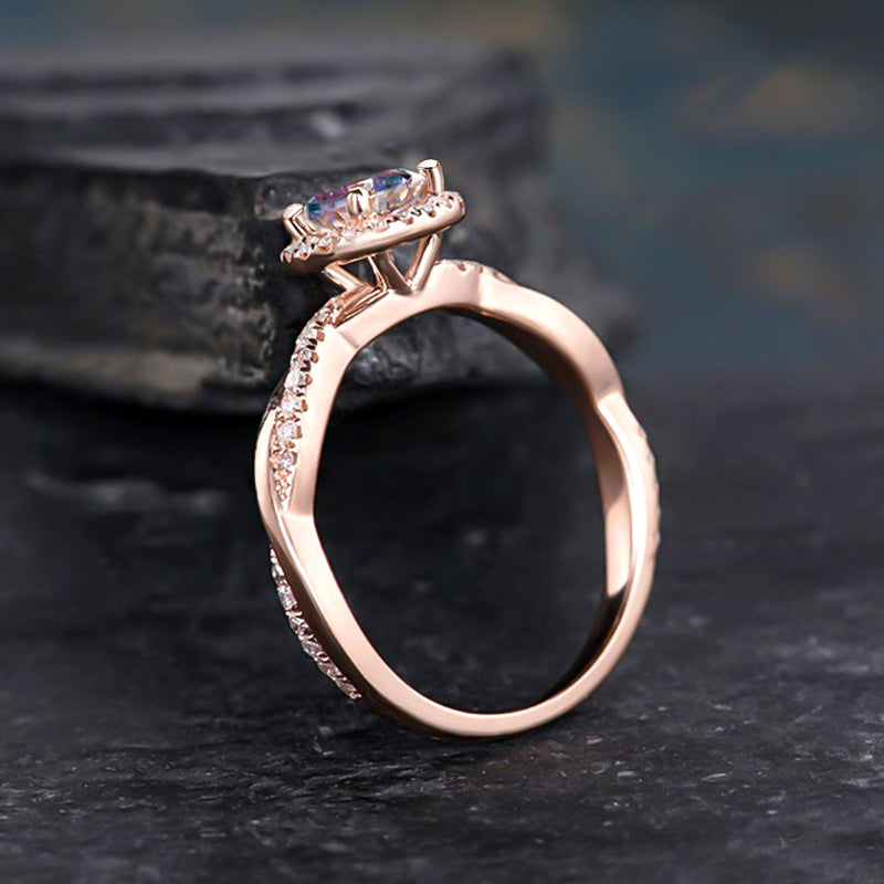 Twist Rose Gold Halo Round Cut Alexandrite Engagement Ring In Sterling Silver