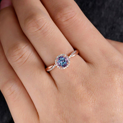 Twist Rose Gold Halo Round Cut Alexandrite Engagement Ring In Sterling Silver