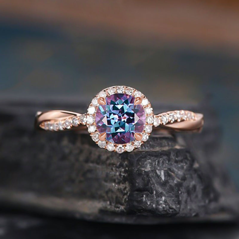 Twist Rose Gold Halo Round Cut Alexandrite Engagement Ring In Sterling Silver-Maxinejewelry