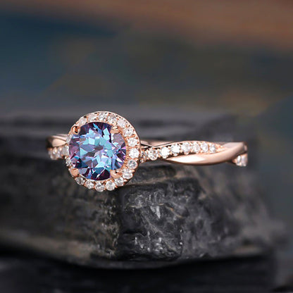 Twist Rose Gold Halo Round Cut Alexandrite Engagement Ring In Sterling Silver