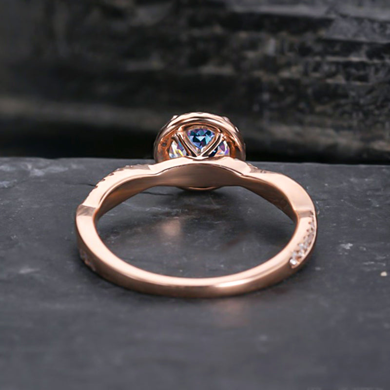 Twist Rose Gold Halo Round Cut Alexandrite Engagement Ring In Sterling Silver