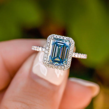 Halo Emerald Cut Light Aquamarine Blue Engagement Ring In Sterling Silver-Maxinejewelry