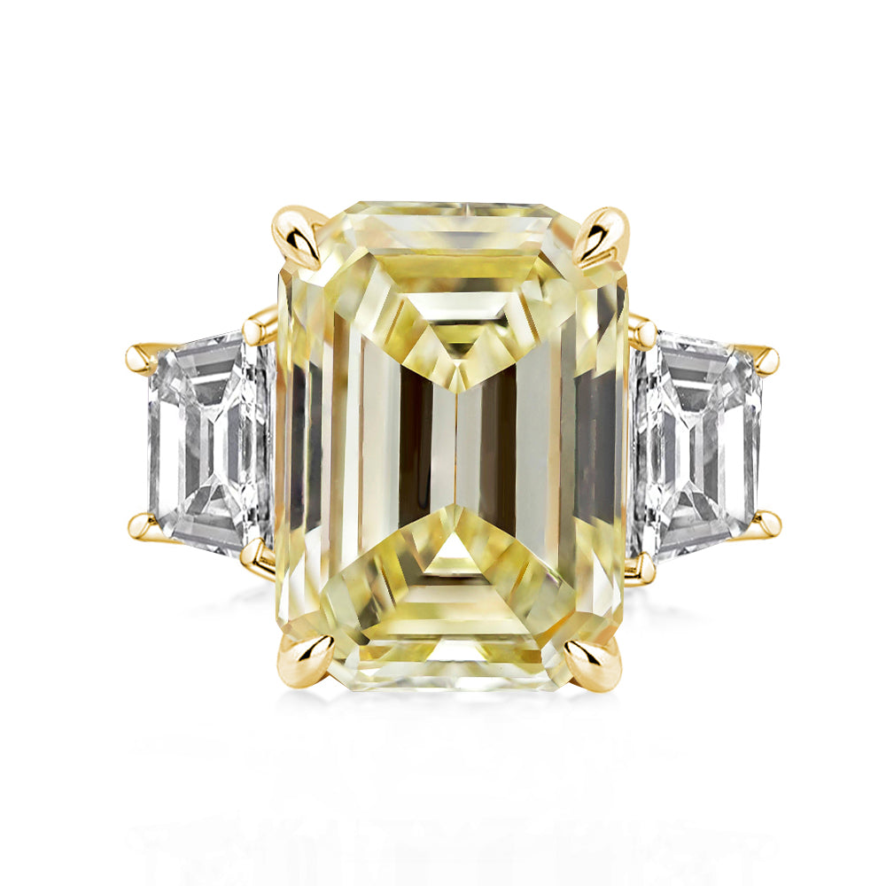 Luxurious Emerald Cut Three Stone Yellow Sapphire Engagement Ring In Sterling Silver