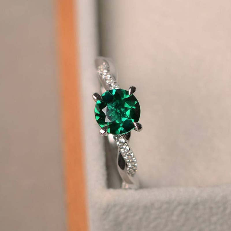 Twist Round Cut Emerald Green Engagement Ring In Sterling Silver-Maxinejewelry