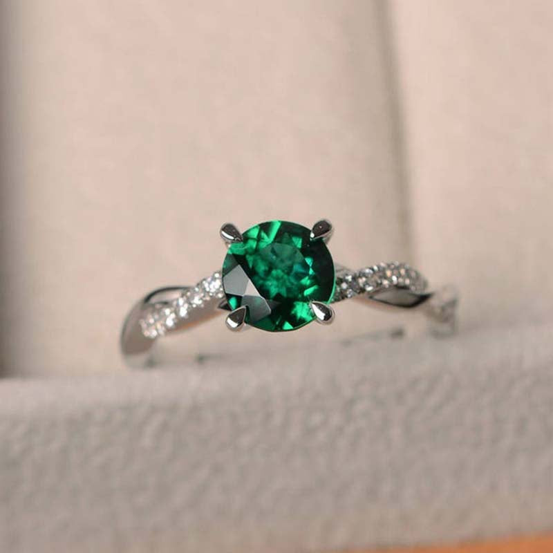 Twist Round Cut Emerald Green Engagement Ring In Sterling Silver-Maxinejewelry