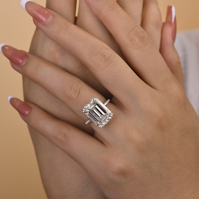 Luxurious Big Emerald Cut Engagement Ring In Sterling Silver