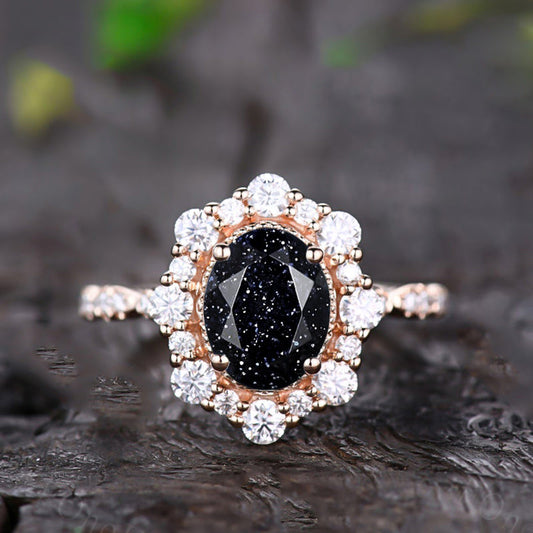 Vintage Rose Gold Halo Oval Cut Black Sandstone Engagement Ring