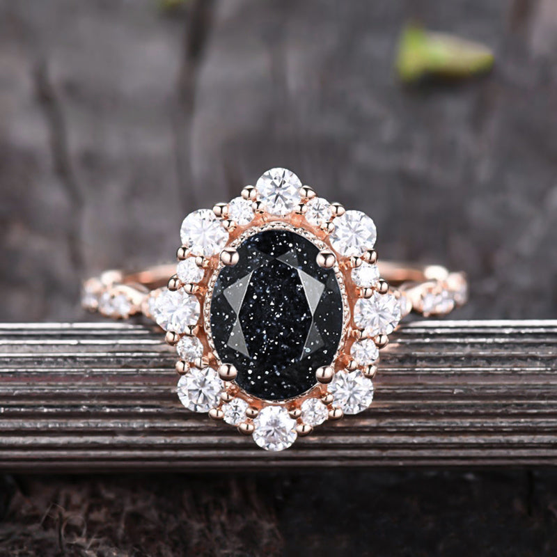 Vintage Rose Gold Halo Oval Cut Black Sandstone Engagement Ring