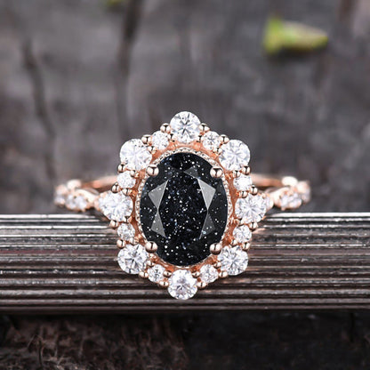 Vintage Rose Gold Halo Oval Cut Black Sandstone Engagement Ring