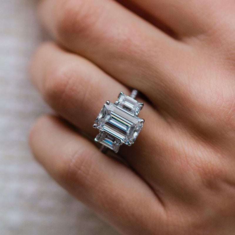 Luxurious Emerald Cut Three Stone Engagement Ring In Sterling Silver-Maxinejewelry