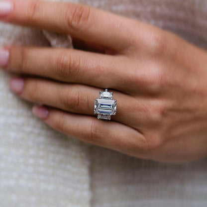 Luxurious Emerald Cut Three Stone Engagement Ring In Sterling Silver-Maxinejewelry