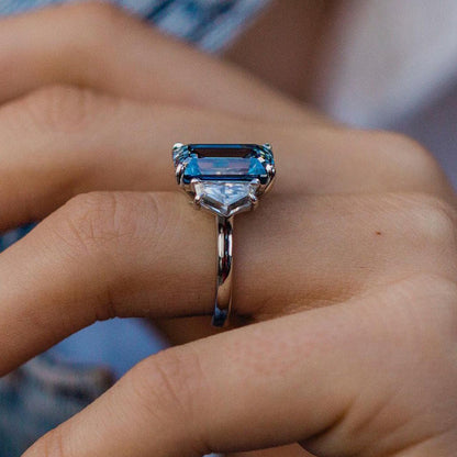 Gorgeous Emerald Cut Light Aquamarine Blue Three Stone Engagement Ring In Sterling Silver-Maxinejewelry