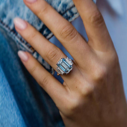 Gorgeous Emerald Cut Light Aquamarine Blue Three Stone Engagement Ring In Sterling Silver-Maxinejewelry