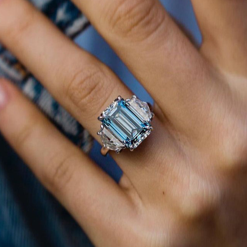 Gorgeous Emerald Cut Light Aquamarine Blue Three Stone Engagement Ring In Sterling Silver-Maxinejewelry