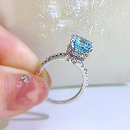 Stunning Hidden Halo Asscher Cut Light Aquamarine Blue Engagement Ring In Sterling Silver-Maxinejewelry