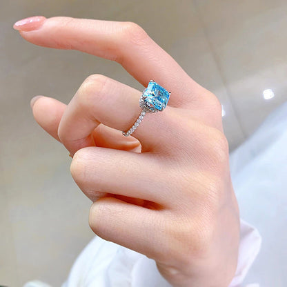 Stunning Hidden Halo Asscher Cut Light Aquamarine Blue Engagement Ring In Sterling Silver-Maxinejewelry