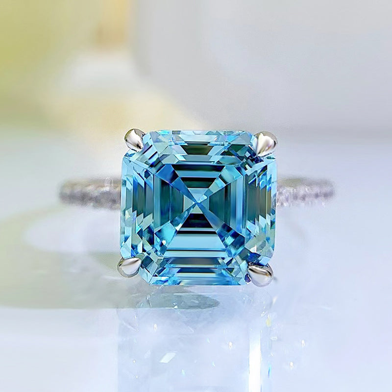 Stunning Hidden Halo Asscher Cut Light Aquamarine Blue Engagement Ring In Sterling Silver-Maxinejewelry