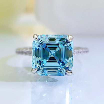 Stunning Hidden Halo Asscher Cut Light Aquamarine Blue Engagement Ring In Sterling Silver-Maxinejewelry